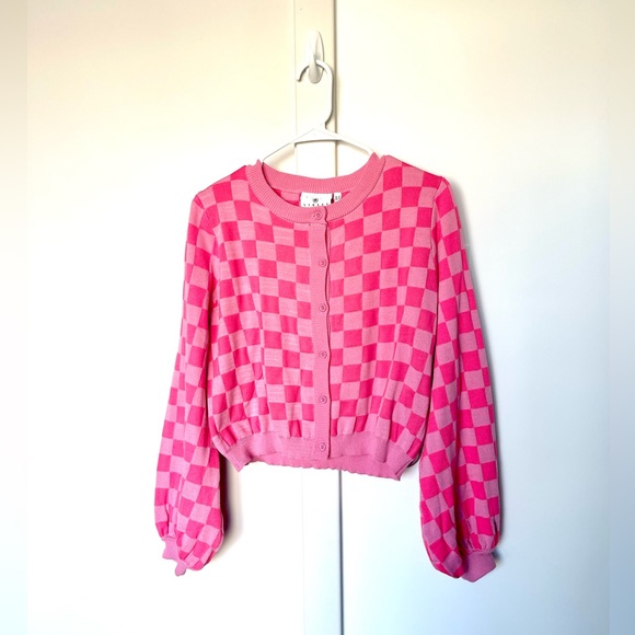 ASOS Daisy Street Boxy Cropped Cardigan in Pink Checkerboard Knit - Picture 2 of 2